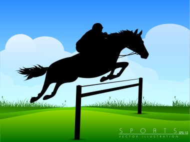 Show Jumping. Jockey on a beautiful black horse jumps over a bar clipart