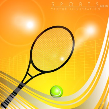 Tennis racquet and ball with net on shiny orange background with wave pattern. EPS 10. clipart