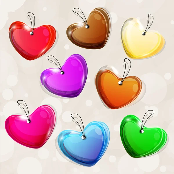 Formas de coração coloridas com efeito de transparência, amor cumprimentando ca — Vetor de Stock