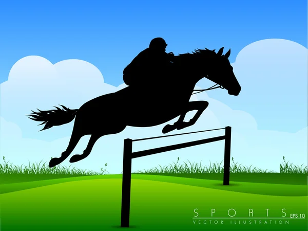 Show Jumping. Jóquei em um belo cavalo preto salta sobre um bar — Vetor de Stock