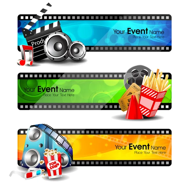Film website headers of banners met vol entertainment en bioscoop objecten instellen. EPS 10. — Stockvector