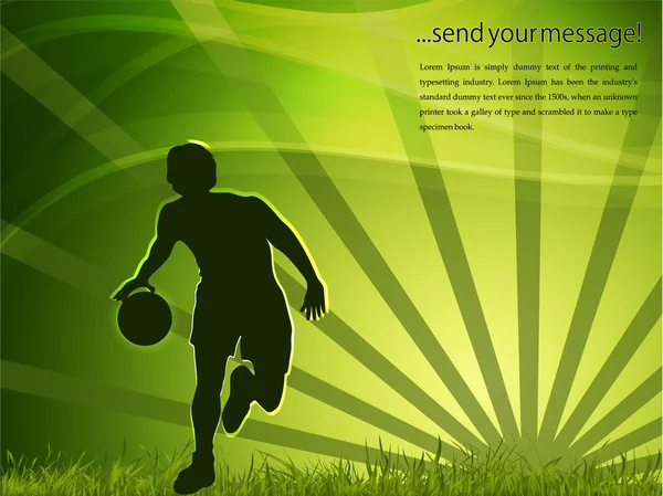 Σιλουέτα ενός παίκτη μπάσκετ σε φόντο πράσινο ακτίνες. EPS 10. — Διανυσματικό Αρχείο
