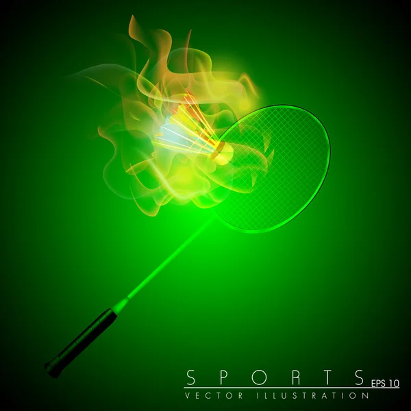 Raquette et navette en feu sur fond vert abstrait. Équipement de jeu de badminton. SPE 10 . — Image vectorielle