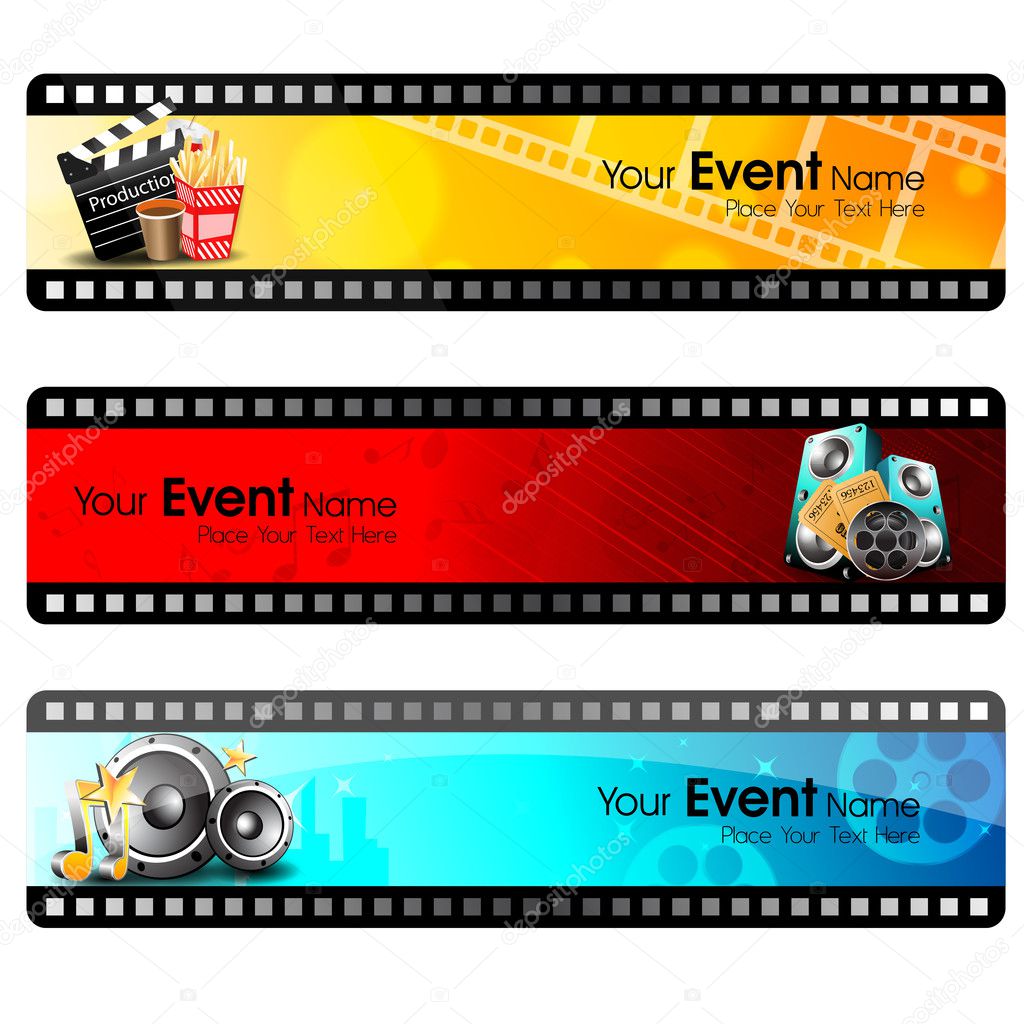 Movie website headers or banners set with full of entertainment and cinema objects. EPS 10.
