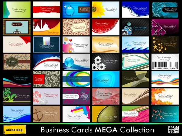 Разнообразная коллекция из 42 разноцветных визитных карточек на разные темы. Векторное старение . — стоковый вектор