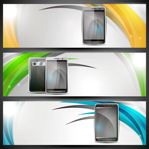 Banner o encabezado del sitio web con diseño abstracto colorido y teléfonos móviles inteligentes. EPS 10 . — Vector de stock