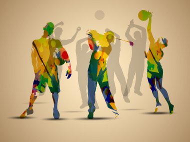 Colorful grungy illustration of football soccer player, basketball player and golf player on brown background.