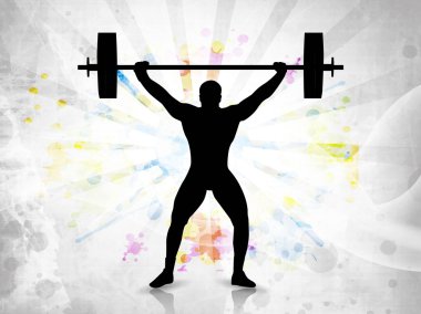 Silhouette of a weight lifter with heavy weight on colorful abstract grunge background. EPS 10. clipart