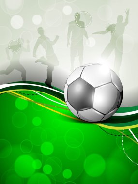 Shiny soccer ball on green wave, silhouette of soccer players or footballers in playing action. EPS 10. clipart
