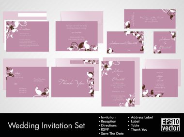 Complete set of wedding invitations or announcements with floral decorative artwork. EPS 10. clipart