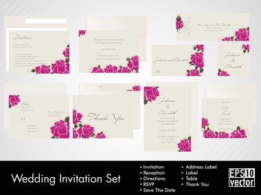 Complete set of wedding invitations or announcements with floral decorative artwork. EPS 10. clipart