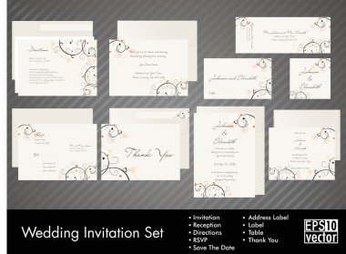 Complete set of wedding invitations or announcements with floral decorative artwork. EPS 10. clipart