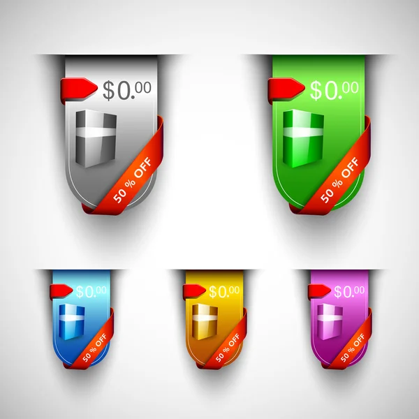 Discount icon set with product display and ribbon, can be use as label, tag, bookmark or sticker. EPS 10. — Stock Vector