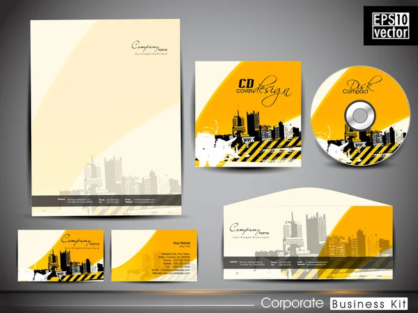 Kit di Corporate Identity professionale o business kit con silhouette urbana artistica e astratta per la tua azienda. include copertine CD, buste, biglietti da visita e lettere in EPS 10 . — Vettoriale Stock