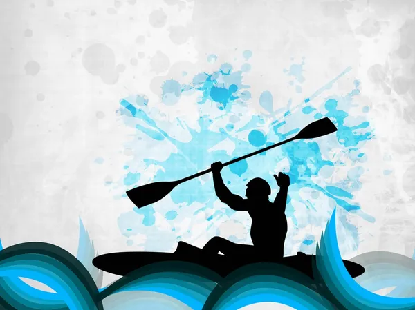 人，做着皮划艇在抽象球衣蓝色背景上的轮廓。10 eps. — 图库矢量图片