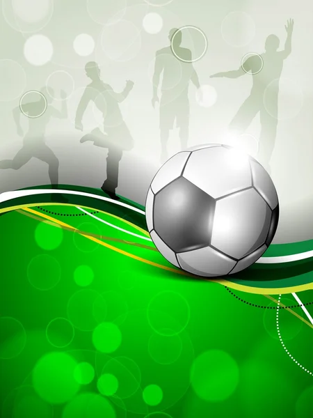 Shiny soccer ball on green wave, silhouette of soccer players or footballers in playing action. EPS 10. — Stock Vector