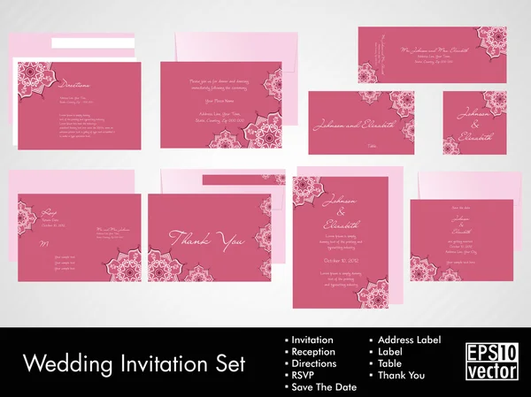 Volledige set bruiloft uitnodigingen of aankondigingen met florale decoratieve kunstwerken. EPS 10. — Stockvector