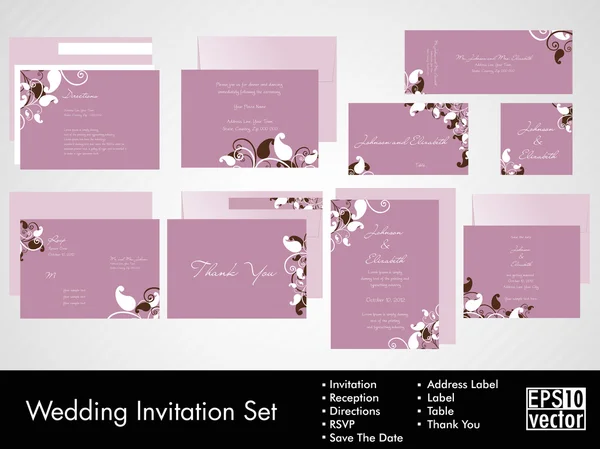 Complete set of wedding invitations or announcements with floral decorative artwork. EPS 10. — Stock Vector
