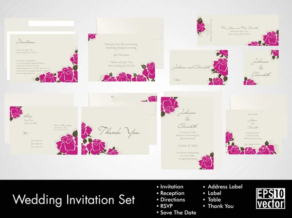 Complete set of wedding invitations or announcements with floral decorative artwork. EPS 10. — Stock Vector