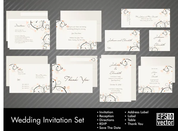 Conjunto completo de convites de casamento ou anúncios com arte decorativa floral. EPS 10 . — Vetor de Stock