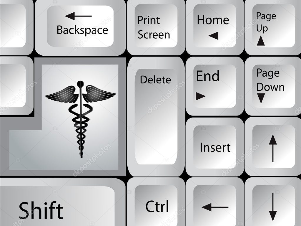 Computer keyboard with caduceus key. EPS 10.