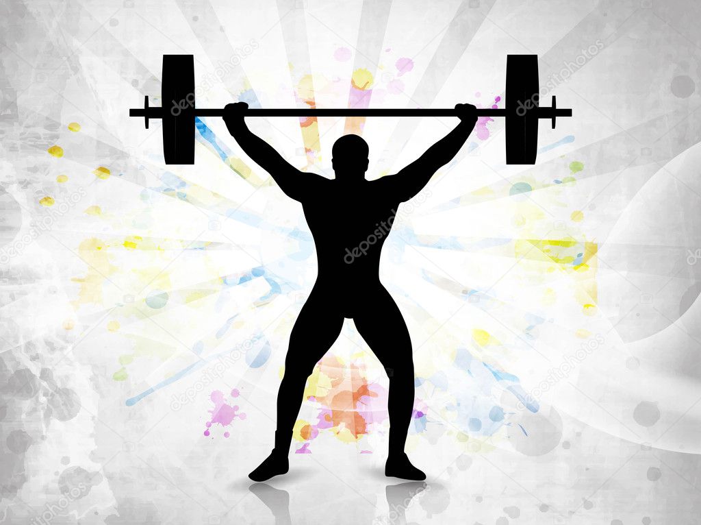 Silhouette of a weight lifter with heavy weight on colorful abstract grunge background. EPS 10.