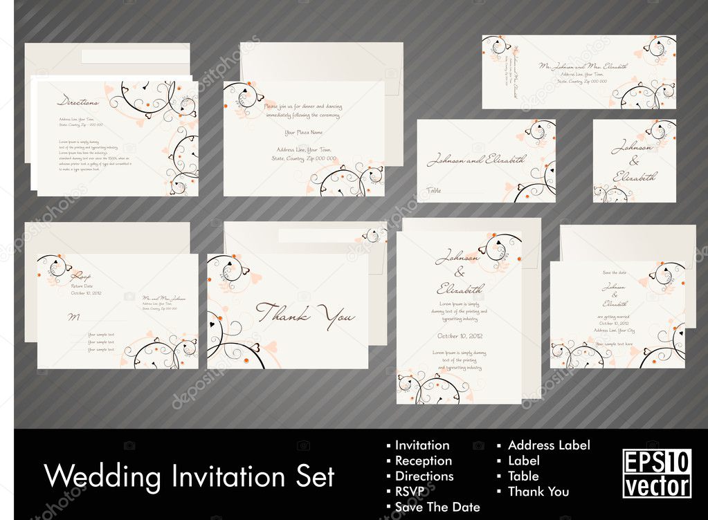 Complete set of wedding invitations or announcements with floral decorative artwork. EPS 10.