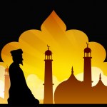 Silhouette of a Muslim man reading Namaz in Mosque or 