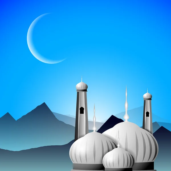 Moskee of masjid met maan op avond achtergrond. EPS 10. 3D-ziek — Stockvector