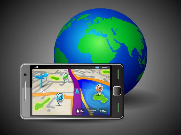 ナビゲーション、地図、地球儀とスマートの携帯電話に gps 画面 — ストックベクタ