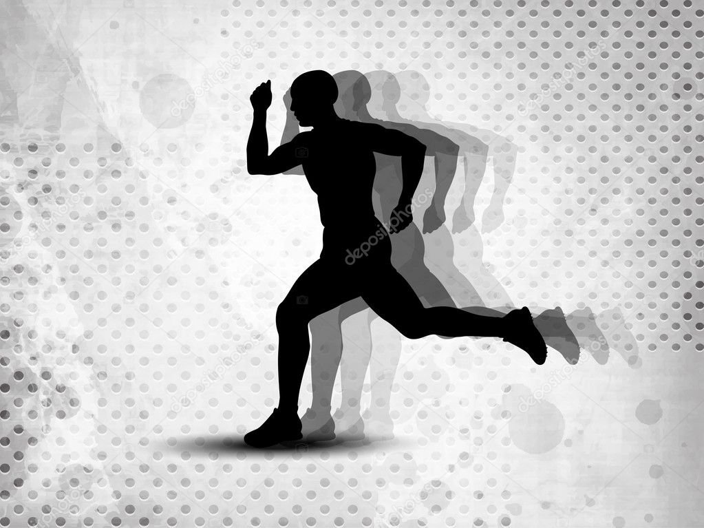 Silhouette of a man athlete running on grungy grey abstract back