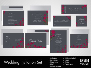 Complete set of wedding invitations or announcements with floral clipart