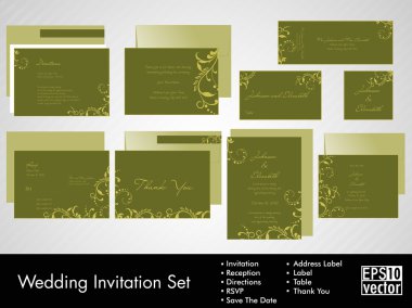 Complete set of wedding invitations or announcements with floral clipart