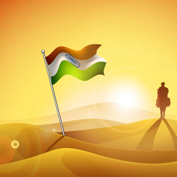 stock vector Indian Flag at desert on evening background with silhouette of s