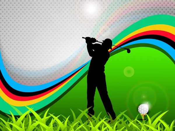 Tee shot, silhouet van een golfer op groen gras en kleurrijke wav — Stockvector