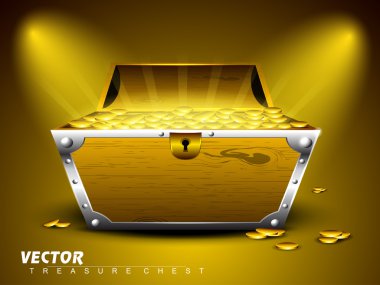 Treasure chest with full of coins on shiny abstract background.