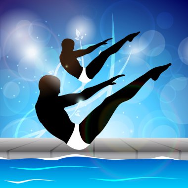 Two young mans doing wonderful synchronized swimming in pool wit clipart