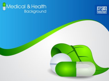 atural medical pills or capsule with green leaf on wave backgrou clipart