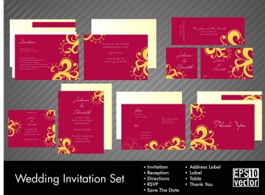 Complete set of wedding invitations or announcements with floral clipart