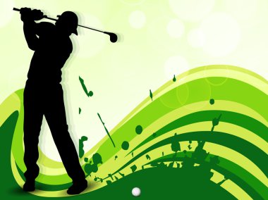 Tee Shot, silhouette of a golfer on green wave background. EPS 1 clipart