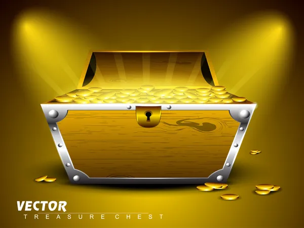 Treasure chest with full of coins on shiny abstract background. — Stock Vector