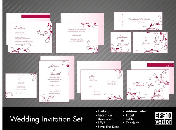 Ensemble complet d'invitations de mariage ou d'annonces avec des fleurs — Image vectorielle