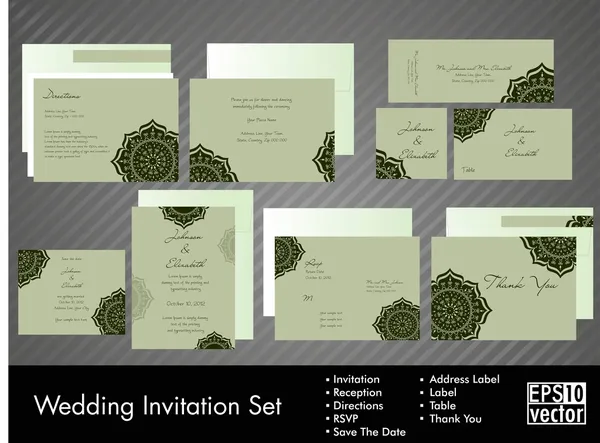 Komplett uppsättning bröllopinbjudningar eller meddelanden med blommiga — Stock vektor