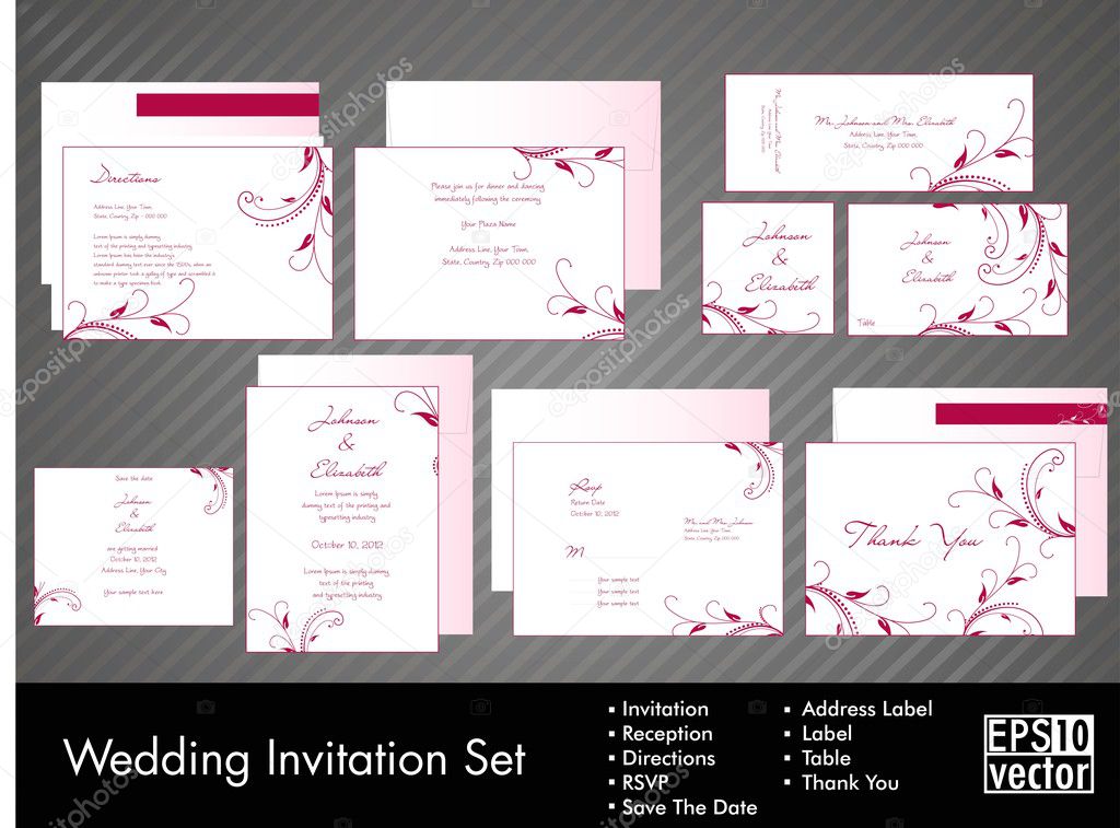 Complete set of wedding invitations or announcements with floral
