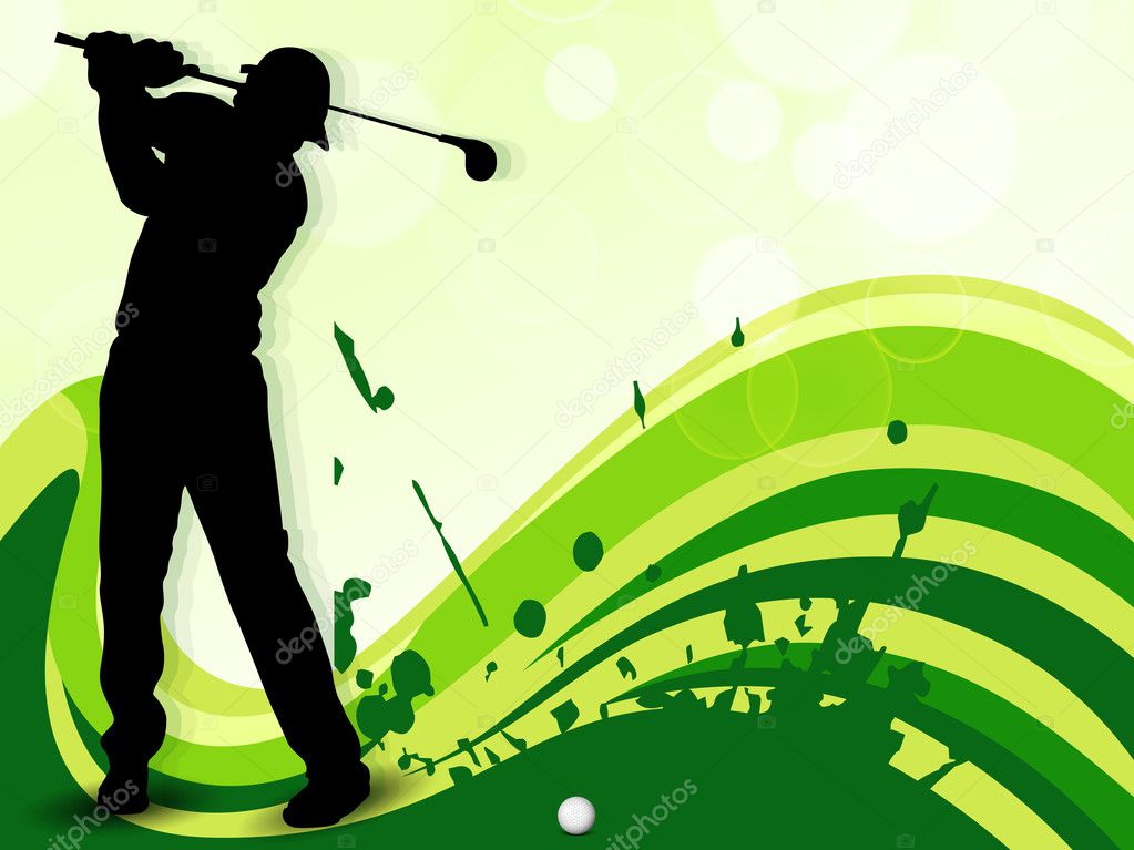 Tee Shot, silhouette of a golfer on green wave background. EPS 1