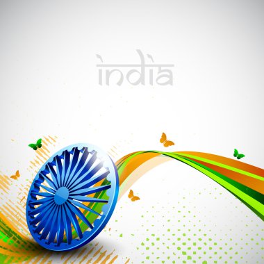 Indian flag color creative wave background with 3D Asoka wheel a clipart