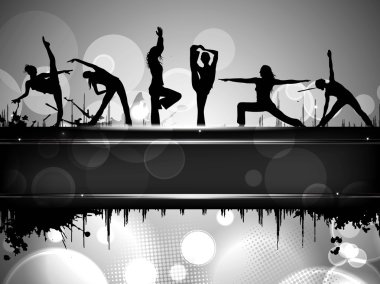 Silhouette of sports persons on colorful grungy background with clipart