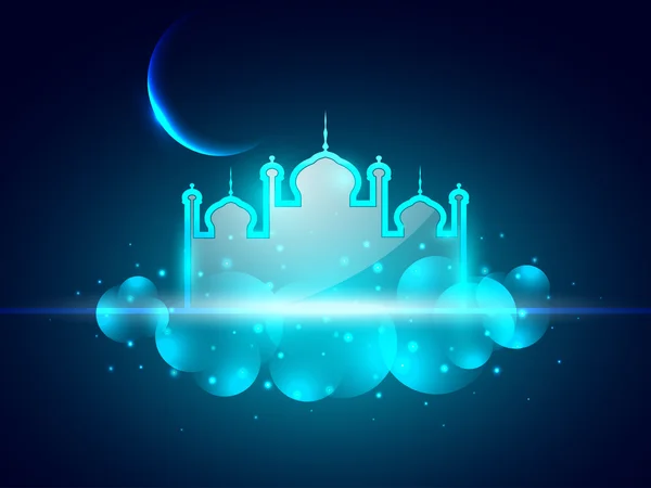 闪亮的清真寺或与月亮在美丽的蓝色背景上的清真寺。e — 图库矢量图片