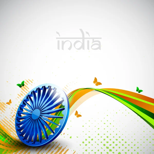 Indian flag color creative wave background with 3D Asoka wheel a — Stock Vector
