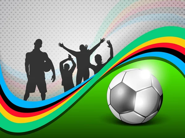 Lesklý fotbalový míč na zelené vlně, silueta fotbalistů nebo — Stockový vektor